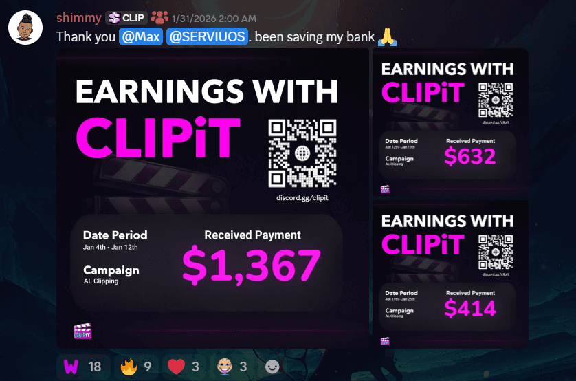 A clipper's ClipIt earnings cards, $1,367, $632 and $414 received, posted in the payouts channel (opens full size)