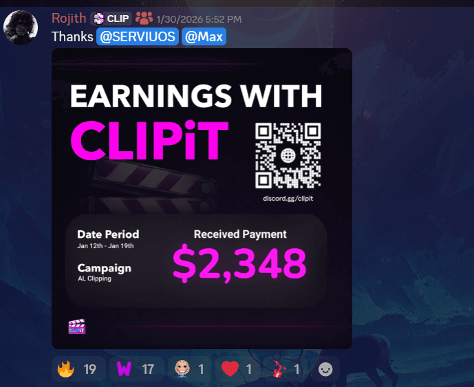 A ClipIt earnings card showing $2,348 received, posted by the clipper (opens full size)