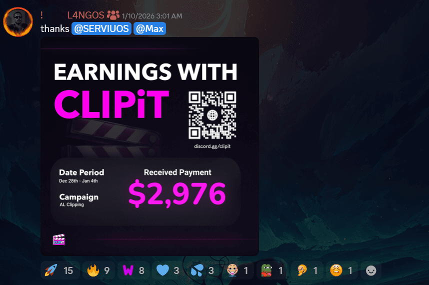 A ClipIt earnings card showing $2,976 received, posted by the clipper (opens full size)