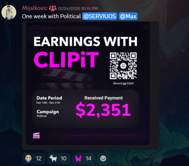 A ClipIt earnings card showing $2,351 for one week of clipping (opens full size)