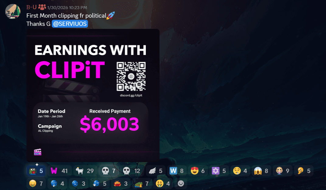 A ClipIt earnings card showing $6,003 received for a first month of clipping (opens full size)